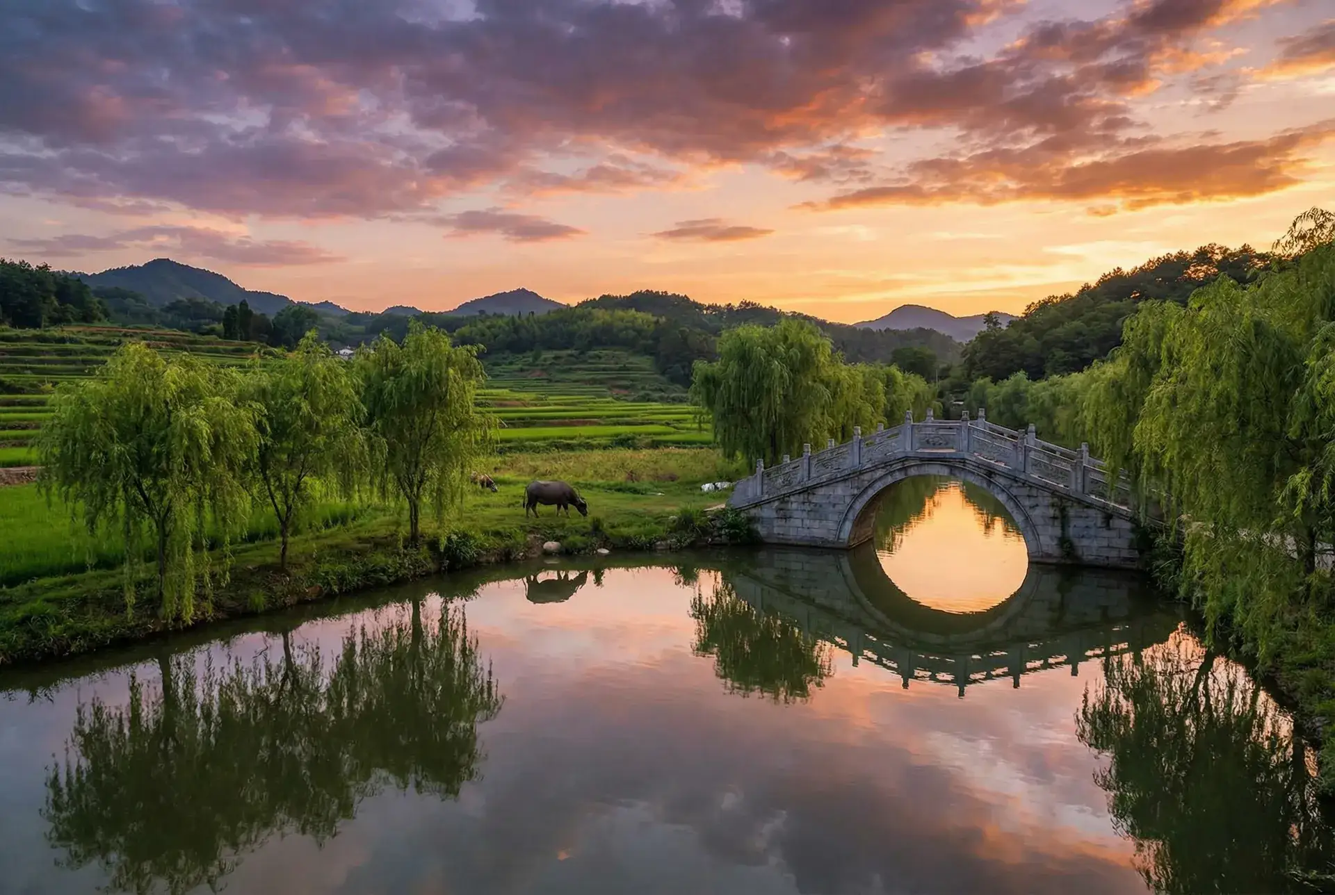 夕阳下的石拱桥与垂柳，水牛在河边吃草 - 终极一班四 乡村美景